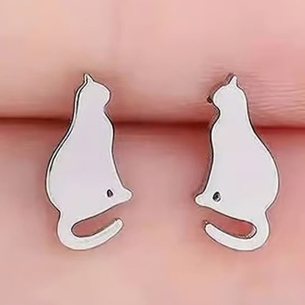 Silver Stainless Steel KITTY CAT Stud Earrings